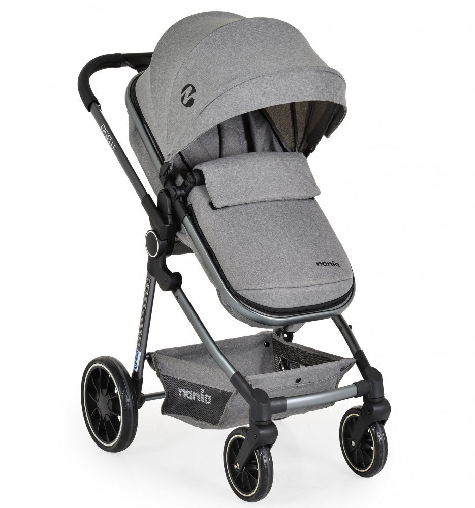 NANIA Carucior transformabil 3in1 Giselle Gray cu sezut reversibilpana la 4 animaxim 22kgScaun auto I-Sizespatar reglabilcapotina XXLpliere compacta cu unitate scaunroti rezistentehusa pentru picioare inclusa