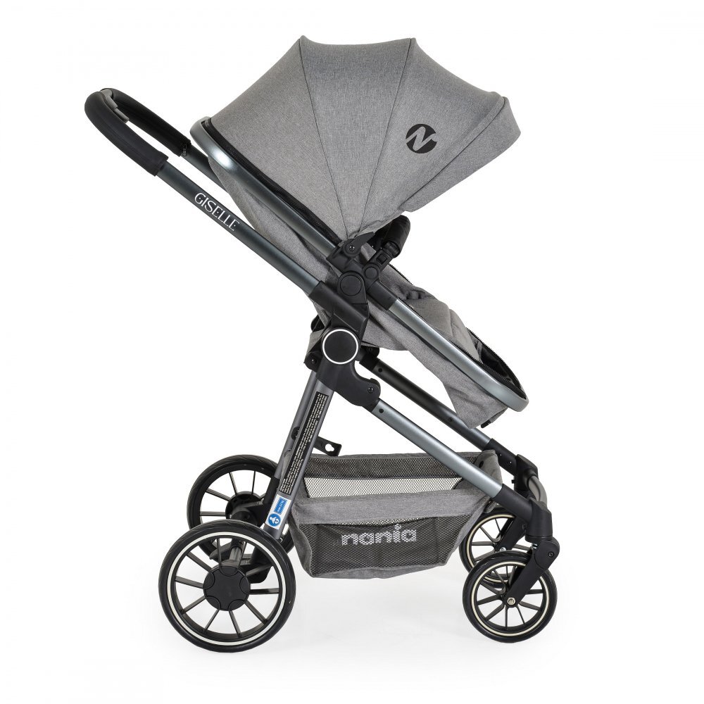NANIA Carucior transformabil 3in1 Giselle Gray cu sezut reversibilpana la 4 animaxim 22kgScaun auto I-Sizespatar reglabilcapotina XXLpliere compacta cu unitate scaunroti rezistentehusa pentru picioare inclusa