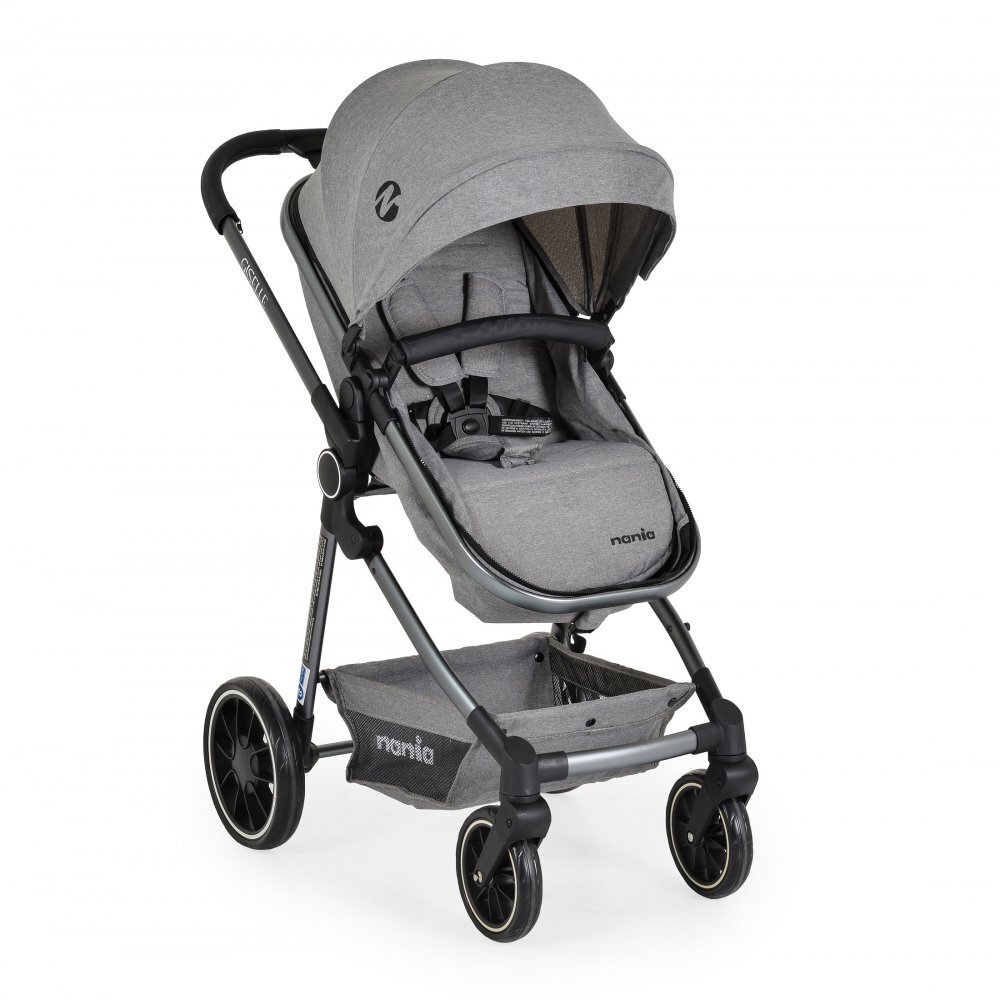 NANIA Carucior transformabil 3in1 Giselle Gray cu sezut reversibilpana la 4 animaxim 22kgScaun auto I-Sizespatar reglabilcapotina XXLpliere compacta cu unitate scaunroti rezistentehusa pentru picioare inclusa