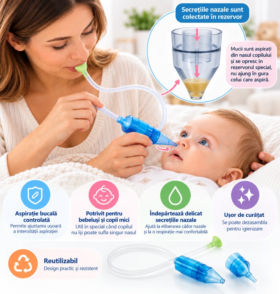 NANNY Aspirator nazal pentru bebelusi si copii cu aspiratie bucala reutilizabil