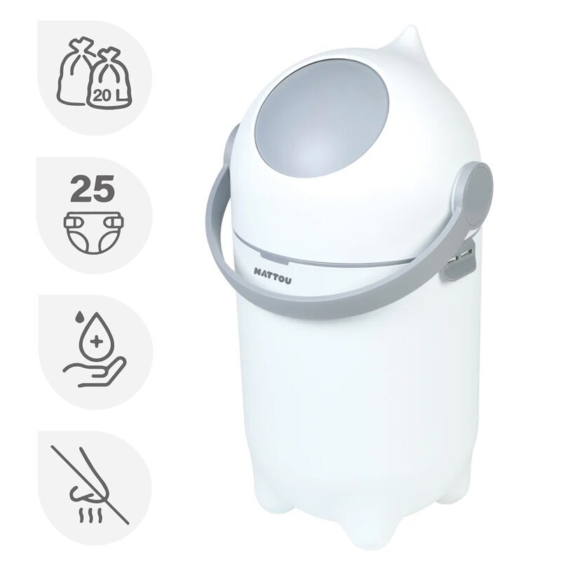 NATTOU Cos pentru scutece Dropy Alb sistem etans impotriva mirosurilor compatibil cu saci universali operare cu o mana potrivit pentru 25 scutece 27 x 27 x 48.5 cm 20 l