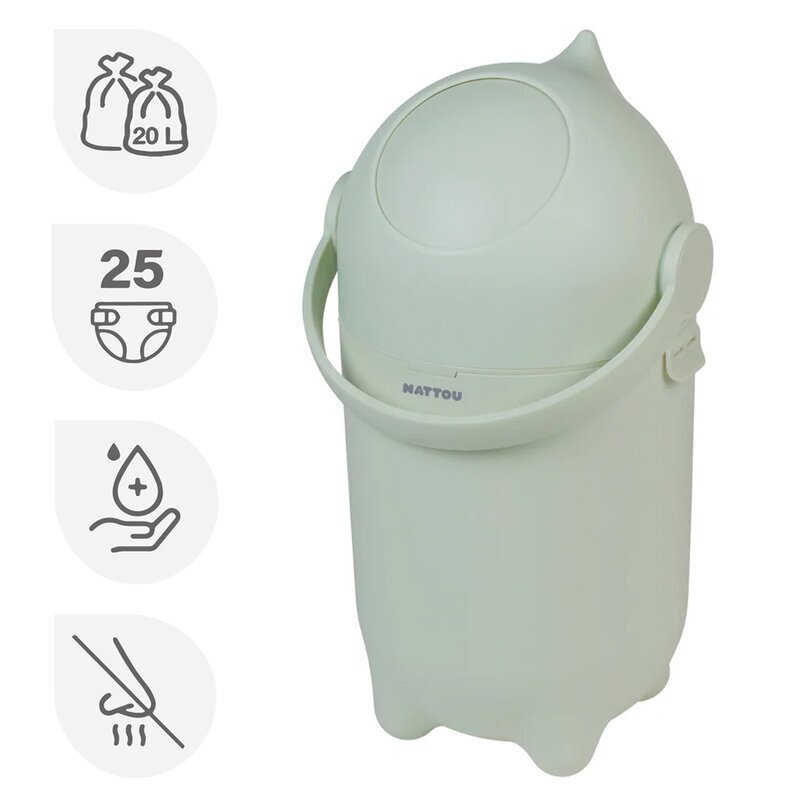 NATTOU Cos pentru scutece Dropy Verde sistem etans impotriva mirosurilor compatibil cu saci universali operare cu o mana potrivit pentru 25 scutece 27 x 27 x 48.5 cm 20 l