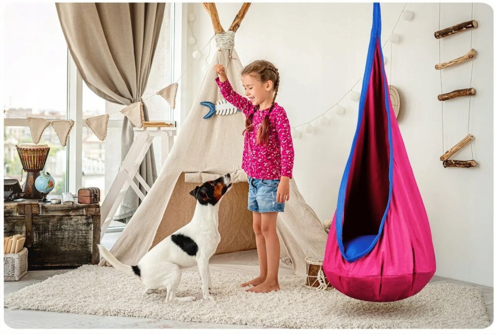 Neo Sport Hamac tip Cocoon pentru copii 140 x 55 cm Neo-Sport Cocoon Pink utilizare interiorexterior capacitate maxima 80 kg husa detasabila si lavabila perna gonflabila inclusa