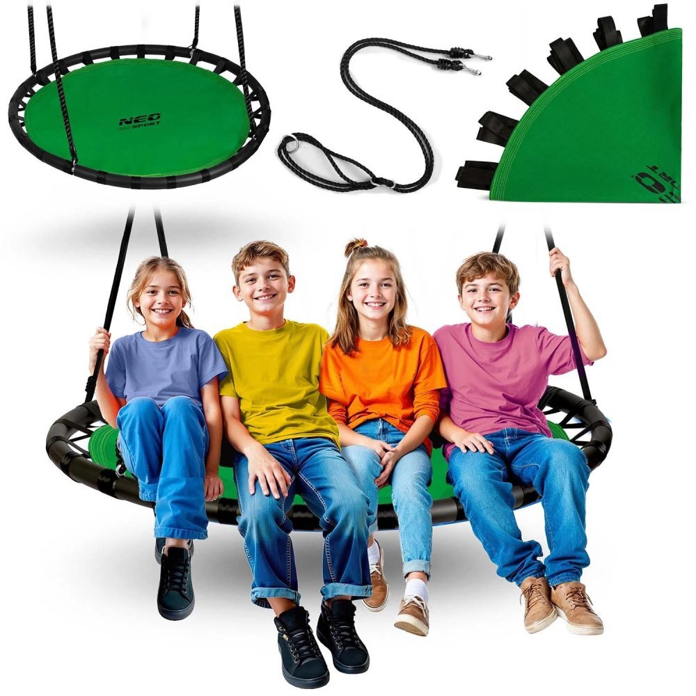 Neo Sport Leagan tip cuib pentru copii Neo-Sport Swingo Verde Diametru 120 cm Tesatura Oxford 600D impermeabila si rezistenta Cadru din otel acoperit cu spuma PE moale Greutate suportata 150kg Franghii groase cu lungime reglabila