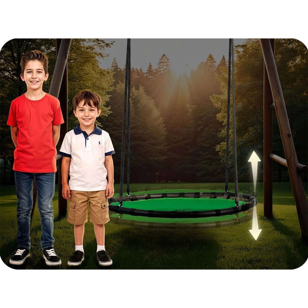 Neo Sport Leagan tip cuib pentru copii Neo-Sport Swingo Verde Diametru 120 cm Tesatura Oxford 600D impermeabila si rezistenta Cadru din otel acoperit cu spuma PE moale Greutate suportata 150kg Franghii groase cu lungime reglabila