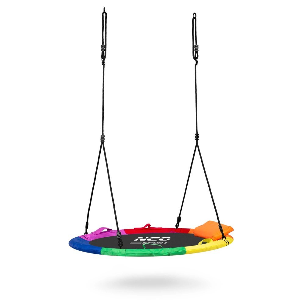 Neo Sport Leagan tip cuib pentru copii XXL 120 cm Neo-Sport Multicolor Perna atasata cu Velcro inclusa Cadru din otel Husa impermeabila si rezistenta din material Oxford 600D Greutate suportata 150 kg
