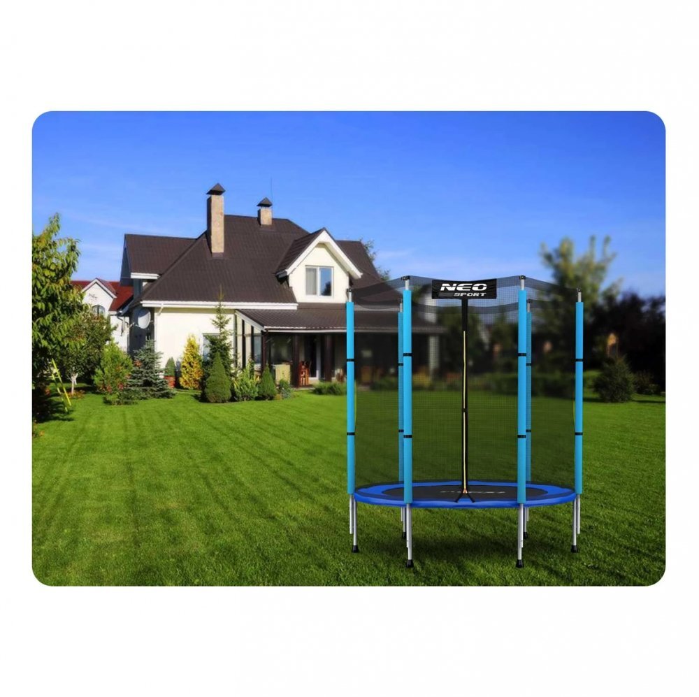 Neo Sport Trambulina de gradina pentru copii 140 cm 4.5ft Neo-Sport Albastru Plasa exterioara Stalpi metalici cu protectie din burete Intrare cu fermoar si catarama Covoras impermeabil flexibil