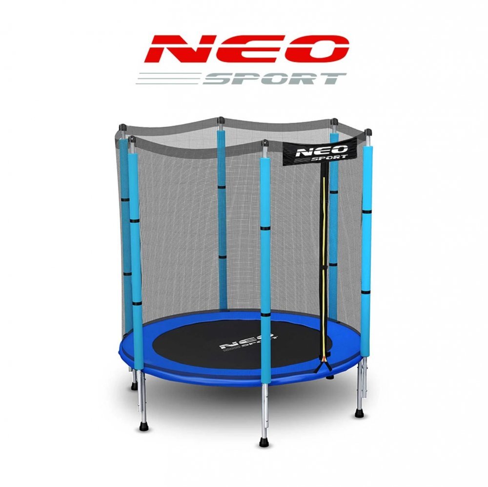 Neo Sport Trambulina de gradina pentru copii 140 cm 4.5ft Neo-Sport Albastru Plasa exterioara Stalpi metalici cu protectie din burete Intrare cu fermoar si catarama Covoras impermeabil flexibil