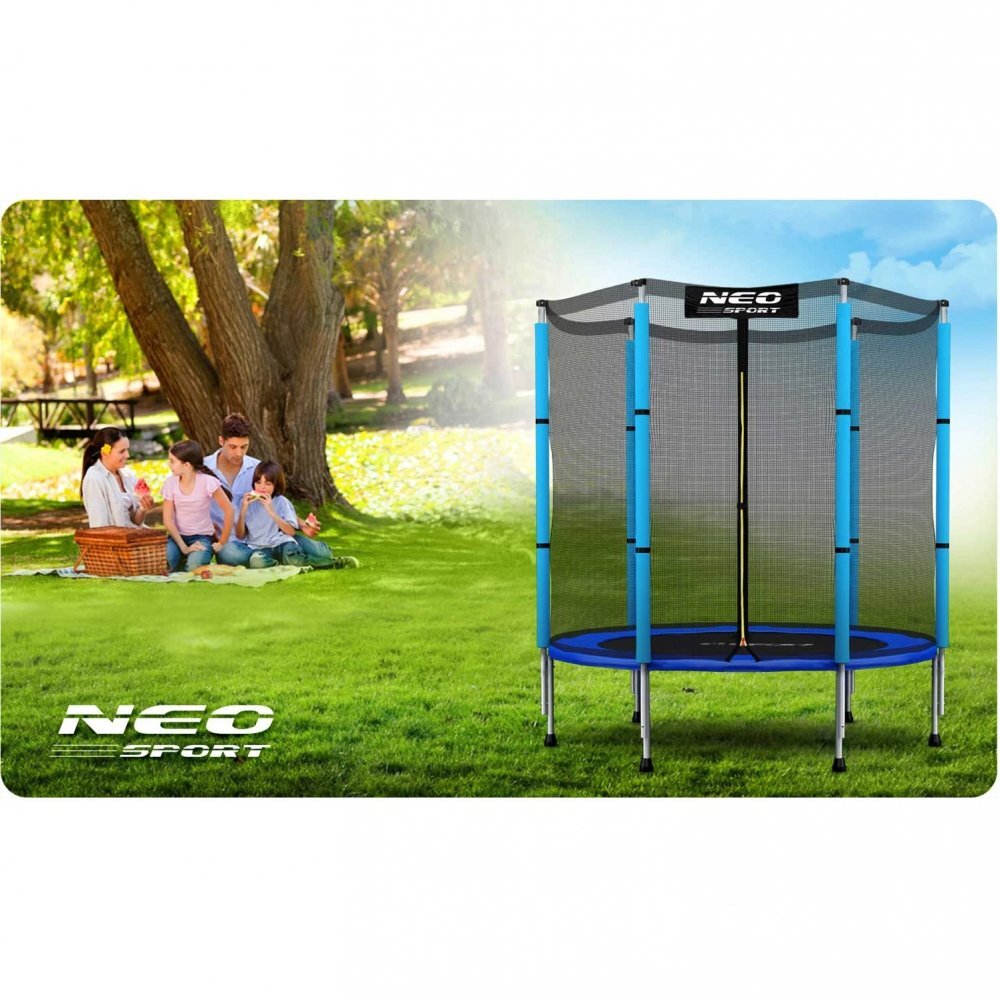 Neo Sport Trambulina de gradina pentru copii 140 cm 4.5ft Neo-Sport Albastru Plasa exterioara Stalpi metalici cu protectie din burete Intrare cu fermoar si catarama Covoras impermeabil flexibil