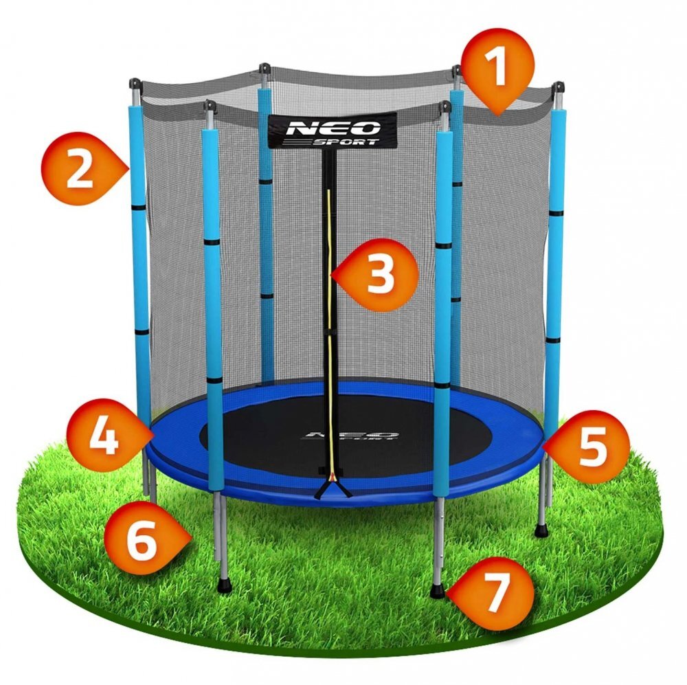 Neo Sport Trambulina de gradina pentru copii 140 cm 4.5ft Neo-Sport Albastru Plasa exterioara Stalpi metalici cu protectie din burete Intrare cu fermoar si catarama Covoras impermeabil flexibil