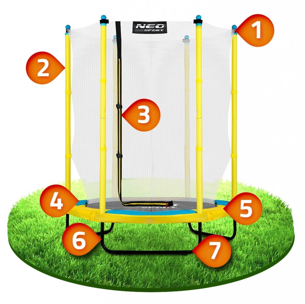Neo Sport Trambulina de gradina pentru copii 140 cm 4.5ft Neo-Sport GalbenPlasa exterioara Stalpi metalici cu protectie din burete Intrare cu fermoar si catarama Covoras impermeabil flexibil