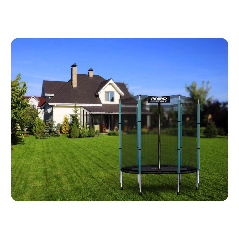 Neo Sport Trambulina de gradina pentru copii 140 cm 4.5ft Neo-Sport Verde inchis Plasa exterioara Stalpi metalici cu protectie din burete Intrare cu fermoar si catarama Covoras impermeabil flexibil