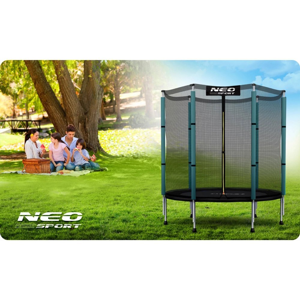 Neo Sport Trambulina de gradina pentru copii 140 cm 4.5ft Neo-Sport Verde inchis Plasa exterioara Stalpi metalici cu protectie din burete Intrare cu fermoar si catarama Covoras impermeabil flexibil