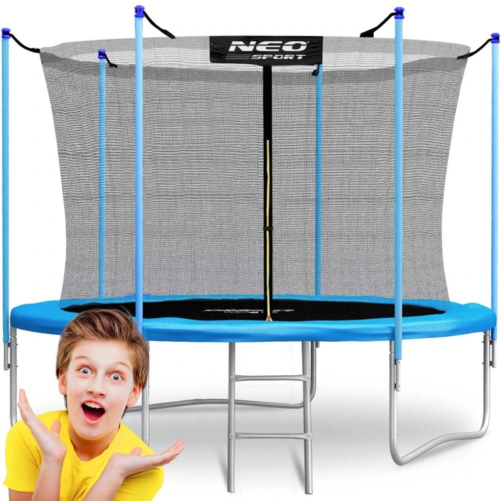 Neo Sport Trambulina de gradina pentru copii Neo-Sport Albastru 183cm 6FT cu Scara Plasa interioara Stalpi metalici cu protectie din burete Intrare cu fermoar si catarama Covoras impermeabil flexibil