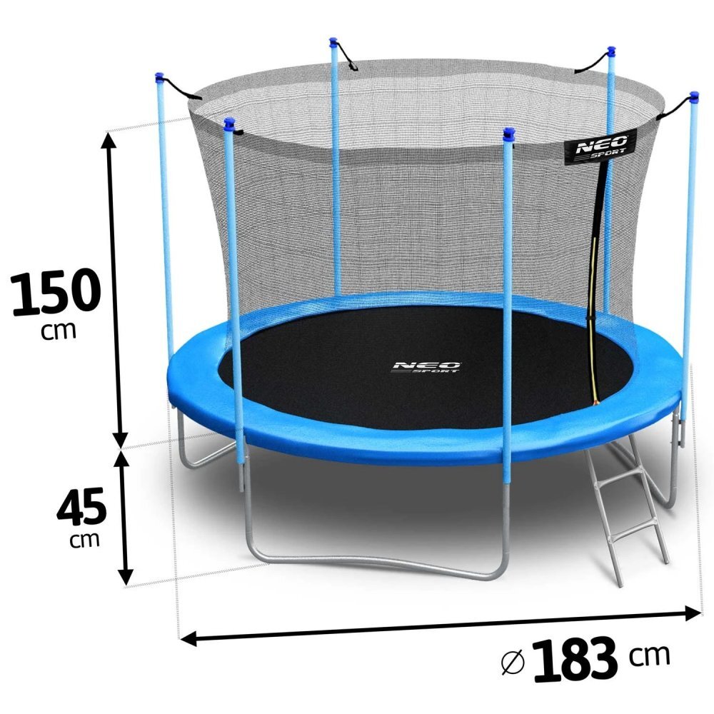 Neo Sport Trambulina de gradina pentru copii Neo-Sport Albastru 183cm 6FT cu Scara Plasa interioara Stalpi metalici cu protectie din burete Intrare cu fermoar si catarama Covoras impermeabil flexibil