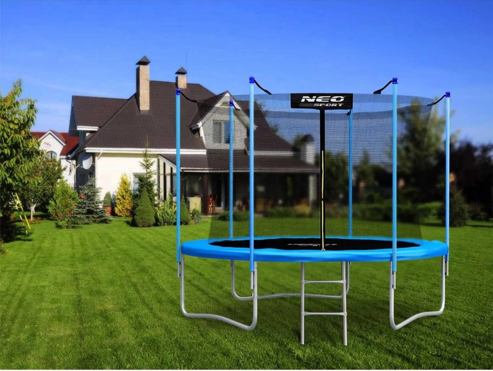 Neo Sport Trambulina de gradina pentru copii Neo-Sport Albastru 183cm 6FT cu Scara Plasa interioara Stalpi metalici cu protectie din burete Intrare cu fermoar si catarama Covoras impermeabil flexibil