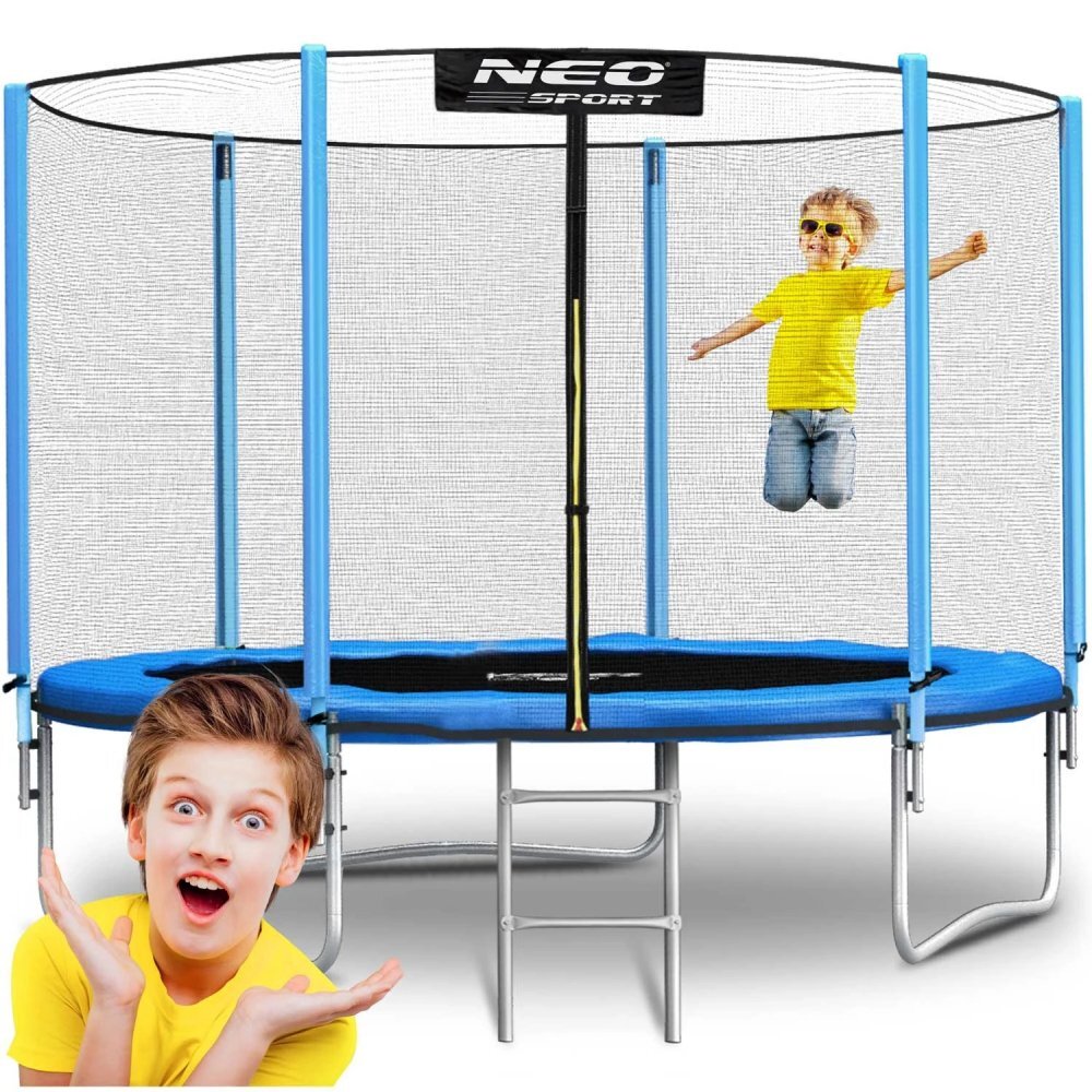 Neo Sport Trambulina de gradina pentru copii Neo-Sport Albastru 312cm 10FT cu Scara si Plasa exterioara Stalpi metalici cu protectie din burete Intrare cu fermoar si catarama Covoras impermeabil flexibil
