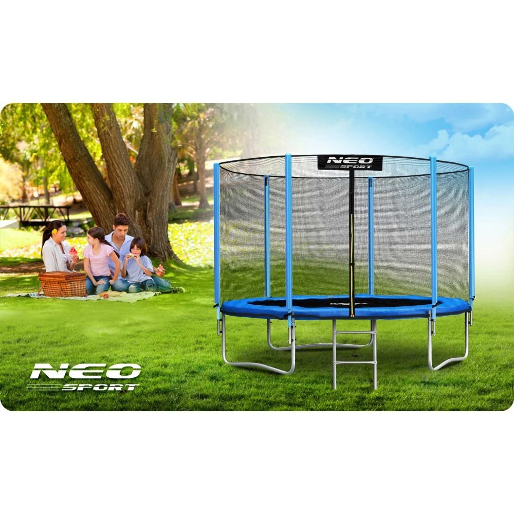 Neo Sport Trambulina de gradina pentru copii Neo-Sport Albastru 312cm 10FT cu Scara si Plasa exterioara Stalpi metalici cu protectie din burete Intrare cu fermoar si catarama Covoras impermeabil flexibil