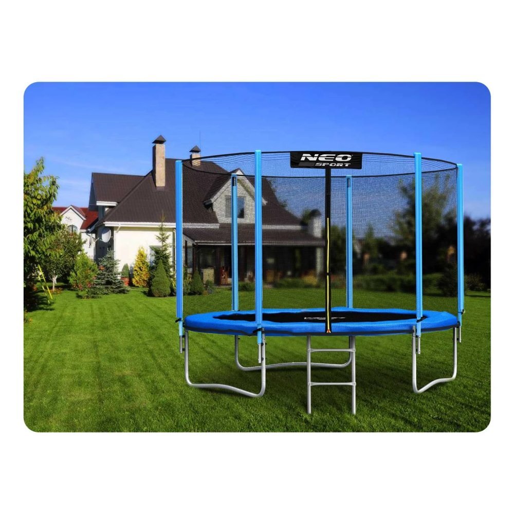 Neo Sport Trambulina de gradina pentru copii Neo-Sport Albastru 312cm 10FT cu Scara si Plasa exterioara Stalpi metalici cu protectie din burete Intrare cu fermoar si catarama Covoras impermeabil flexibil