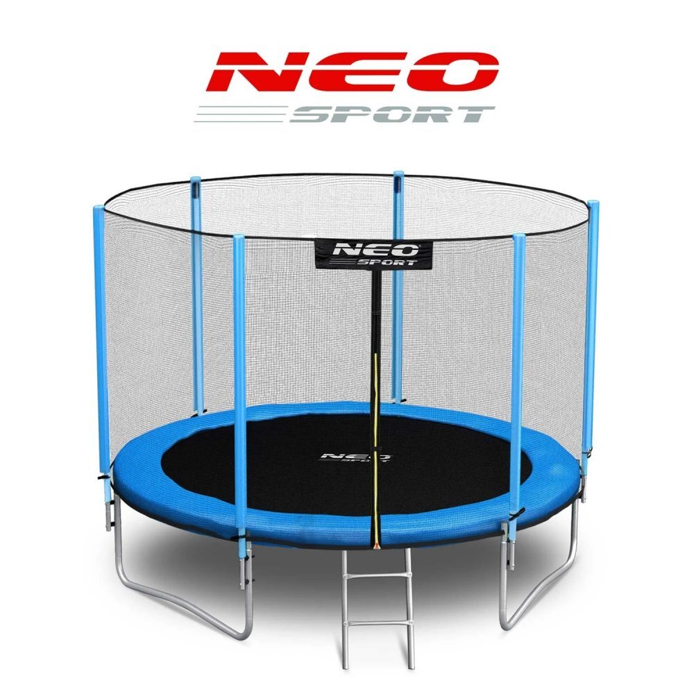 Neo Sport Trambulina de gradina pentru copii Neo-Sport Albastru 312cm 10FT cu Scara si Plasa exterioara Stalpi metalici cu protectie din burete Intrare cu fermoar si catarama Covoras impermeabil flexibil