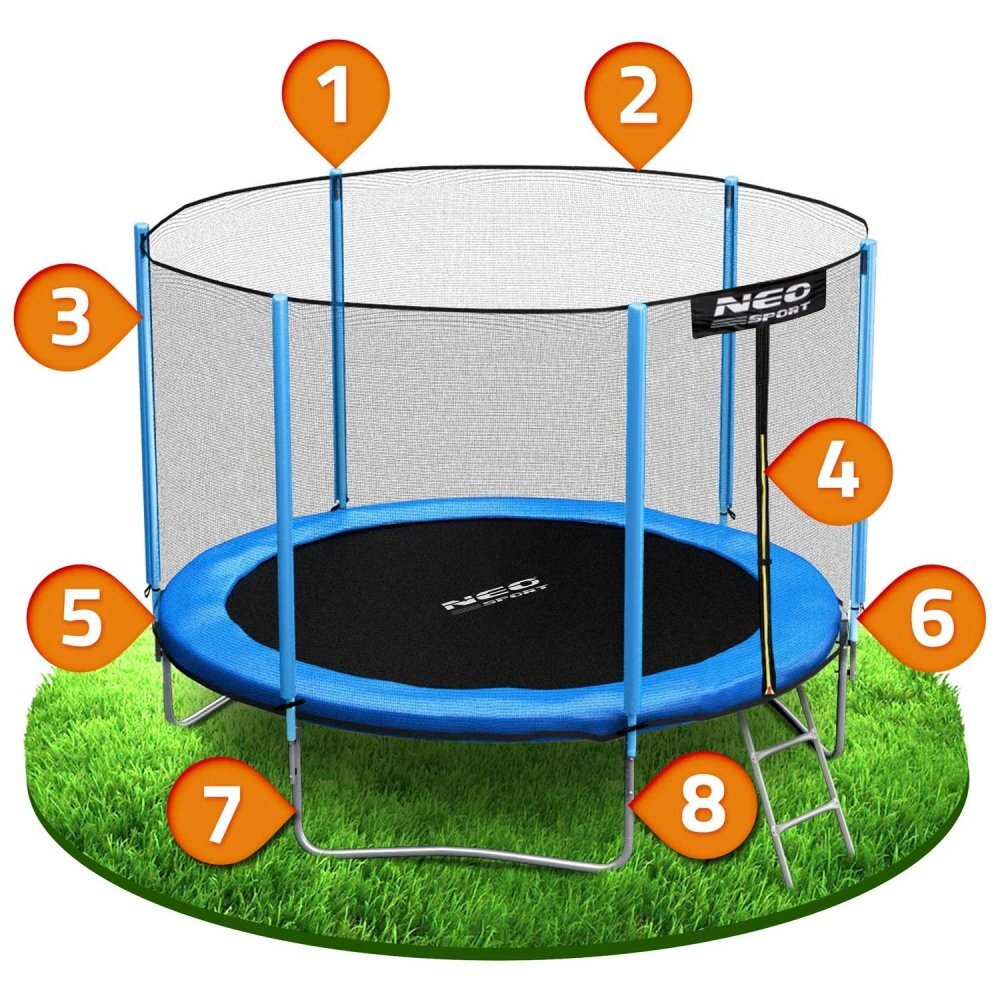 Neo Sport Trambulina de gradina pentru copii Neo-Sport Albastru 312cm 10FT cu Scara si Plasa exterioara Stalpi metalici cu protectie din burete Intrare cu fermoar si catarama Covoras impermeabil flexibil