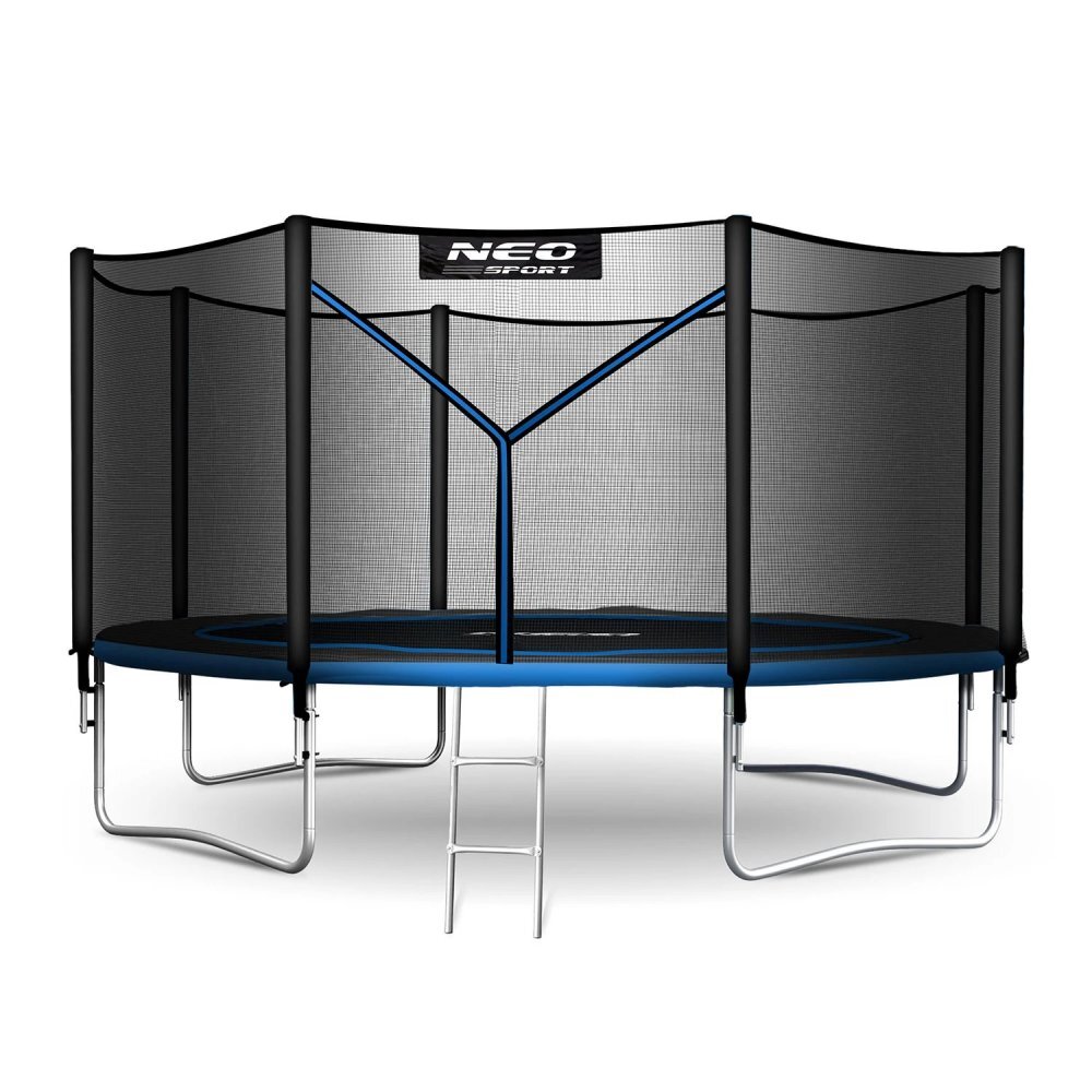 Neo Sport Trambulina de gradina pentru copii Neo-Sport Albastru 374cm 12FT cu Scara si Plasa de siguranta Stalpi metalici cu protectie din burete Intrare cu fermoar Covoras impermeabil flexibil
