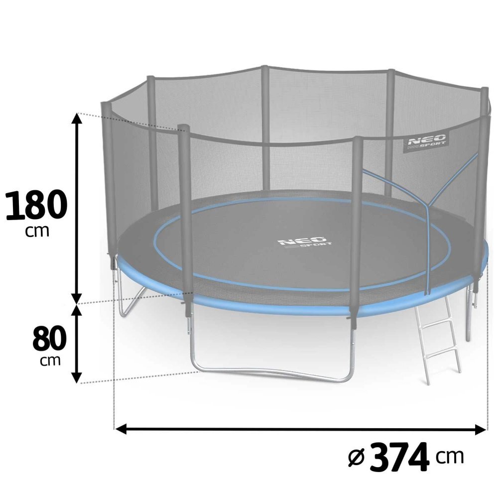 Neo Sport Trambulina de gradina pentru copii Neo-Sport Albastru 374cm 12FT cu Scara si Plasa de siguranta Stalpi metalici cu protectie din burete Intrare cu fermoar Covoras impermeabil flexibil