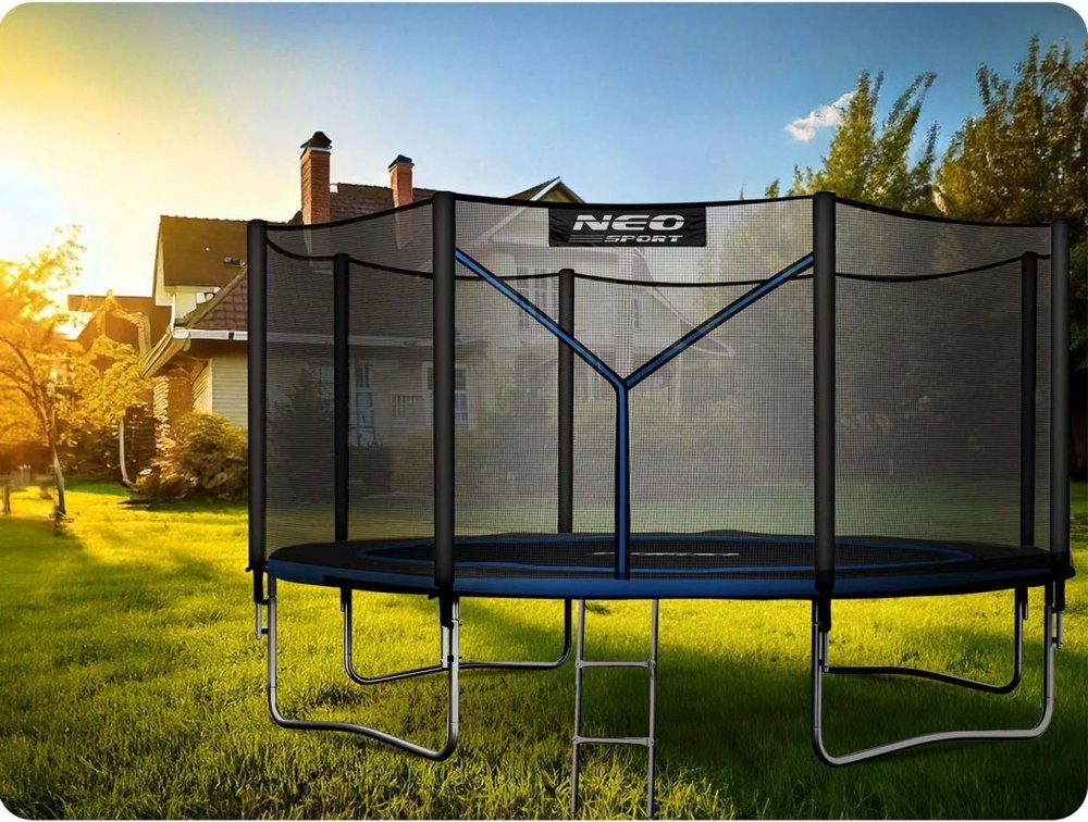 Neo Sport Trambulina de gradina pentru copii Neo-Sport Albastru 374cm 12FT cu Scara si Plasa de siguranta Stalpi metalici cu protectie din burete Intrare cu fermoar Covoras impermeabil flexibil