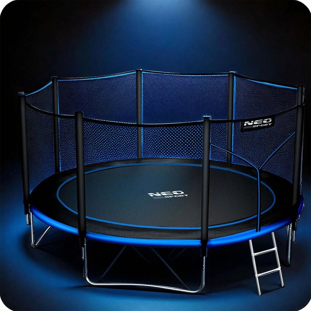 Neo Sport Trambulina de gradina pentru copii Neo-Sport Albastru 374cm 12FT cu Scara si Plasa de siguranta Stalpi metalici cu protectie din burete Intrare cu fermoar Covoras impermeabil flexibil