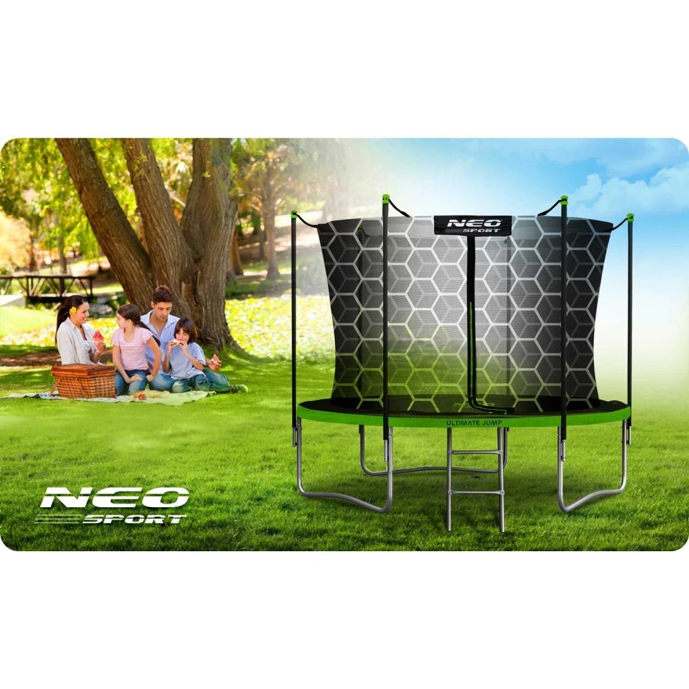 Neo Sport Trambulina de gradina pentru copii Neo-Sport Comb 312cm 10ftcu Scara si Plasa interioara Stalpi metalici cu protectie din burete Intrare cu fermoar si catarama Covoras impermeabil flexibil Sarcina maxima 150kg
