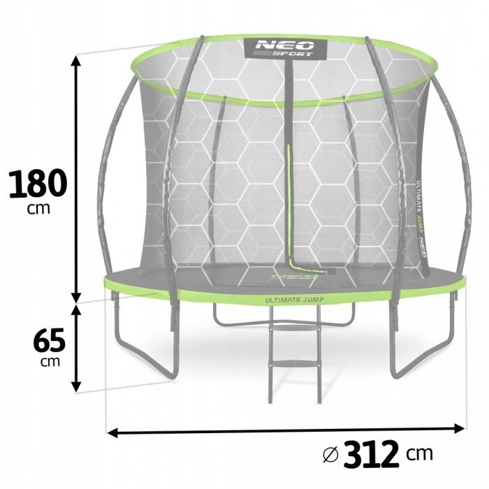 Neo Sport Trambulina de gradina pentru copii Neo-Sport Comb Verde 312cm 10FTcu Scara si Plasa interioara Stalpi metalici cu protectie din burete Intrare cu fermoar si catarama Covoras impermeabil flexibil