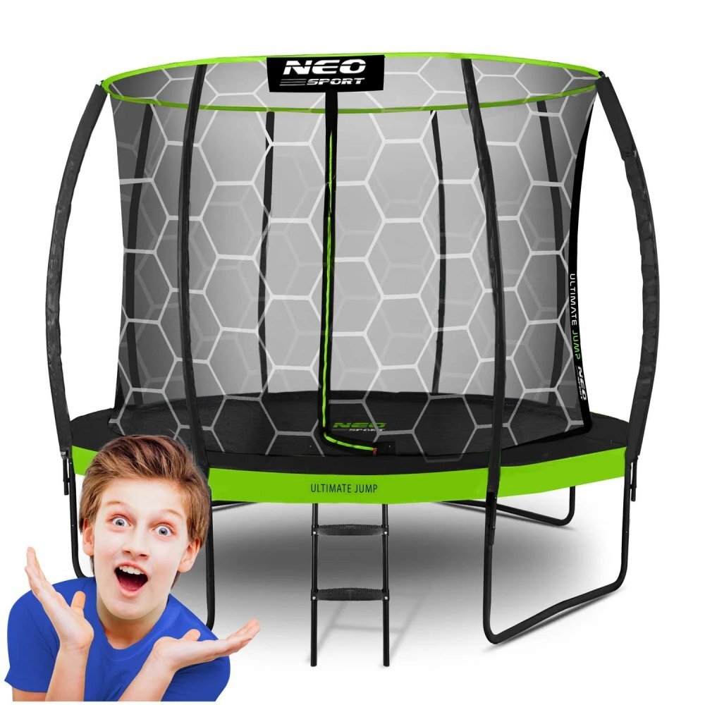 Neo Sport Trambulina de gradina pentru copii Neo-Sport Comb Verde 312cm 10FTcu Scara si Plasa interioara Stalpi metalici cu protectie din burete Intrare cu fermoar si catarama Covoras impermeabil flexibil