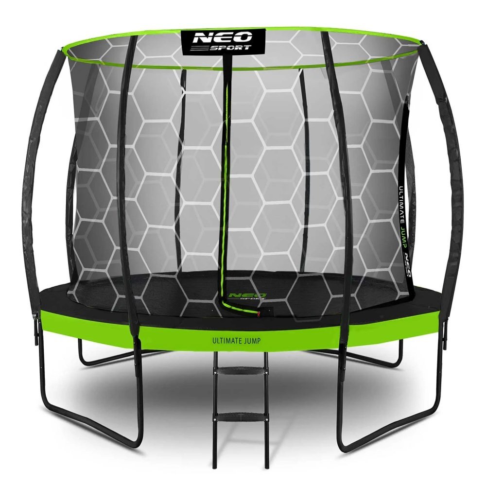 Neo Sport Trambulina de gradina pentru copii Neo-Sport Comb Verde 312cm 10FTcu Scara si Plasa interioara Stalpi metalici cu protectie din burete Intrare cu fermoar si catarama Covoras impermeabil flexibil