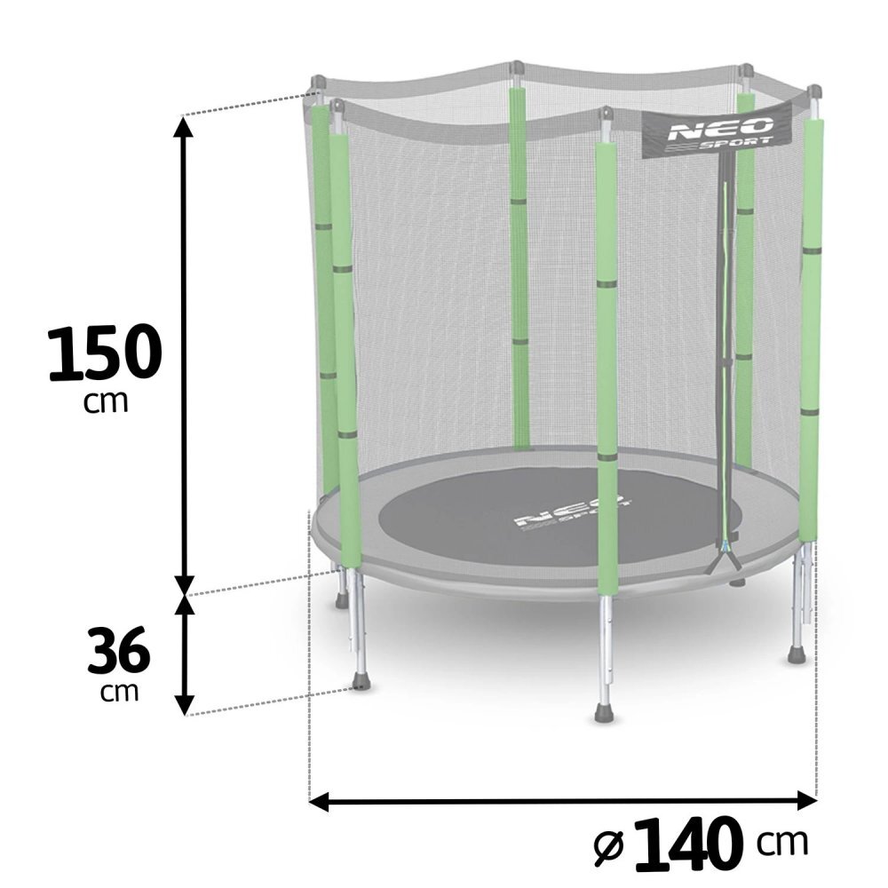 Neo Sport Trambulina de gradina pentru copii Neo-Sport Verde 140 cm 4.5FT Plasa exterioara Stalpi metalici cu protectie din burete Intrare cu fermoar si catarama Covoras impermeabil flexibil