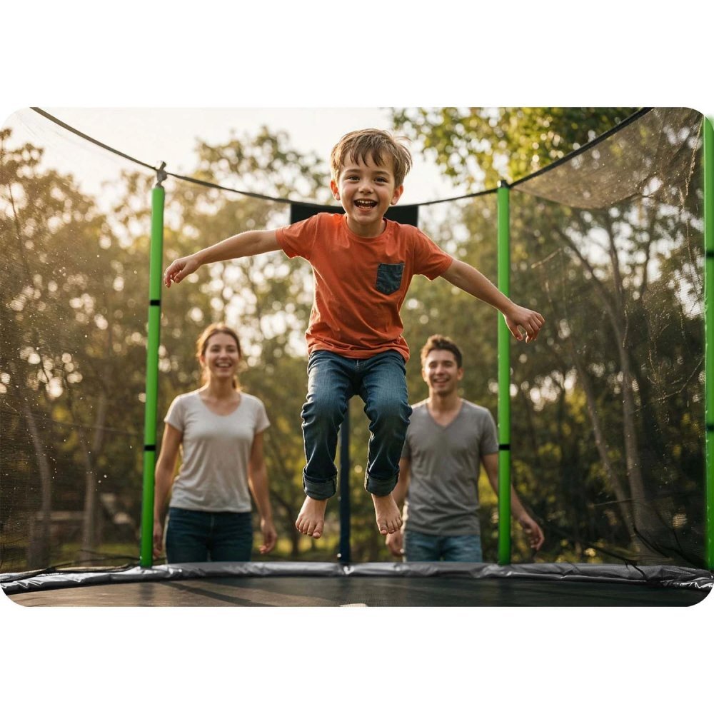 Neo Sport Trambulina de gradina pentru copii Neo-Sport Verde 140 cm 4.5FT Plasa exterioara Stalpi metalici cu protectie din burete Intrare cu fermoar si catarama Covoras impermeabil flexibil