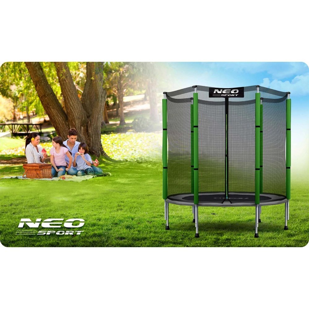 Neo Sport Trambulina de gradina pentru copii Neo-Sport Verde 140 cm 4.5FT Plasa exterioara Stalpi metalici cu protectie din burete Intrare cu fermoar si catarama Covoras impermeabil flexibil