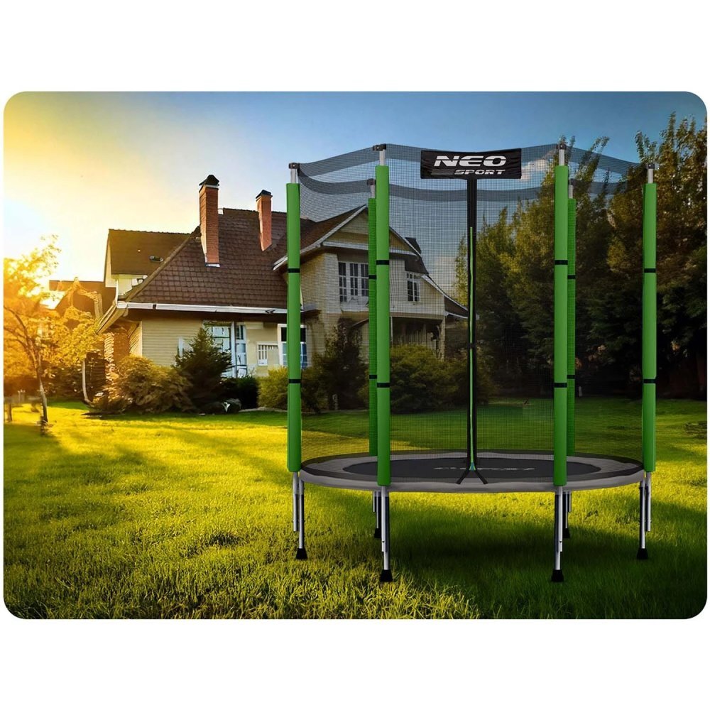Neo Sport Trambulina de gradina pentru copii Neo-Sport Verde 140 cm 4.5FT Plasa exterioara Stalpi metalici cu protectie din burete Intrare cu fermoar si catarama Covoras impermeabil flexibil