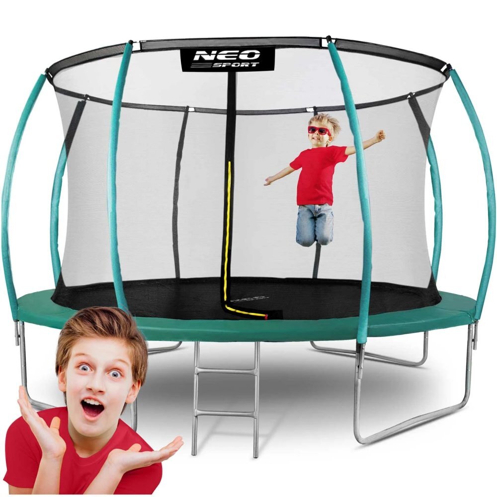 Neo Sport Trambulina de gradina pentru copii Neo-Sport Verde 374cm 12FT cu Scara si Plasa interioara Stalpi metalici cu protectie din burete Intrare cu fermoar si catarama Covoras impermeabil flexibil