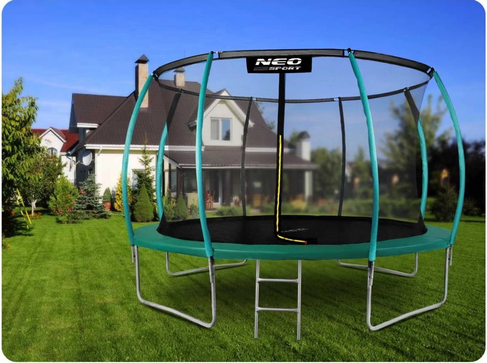 Neo Sport Trambulina de gradina pentru copii Neo-Sport Verde 374cm 12FT cu Scara si Plasa interioara Stalpi metalici cu protectie din burete Intrare cu fermoar si catarama Covoras impermeabil flexibil
