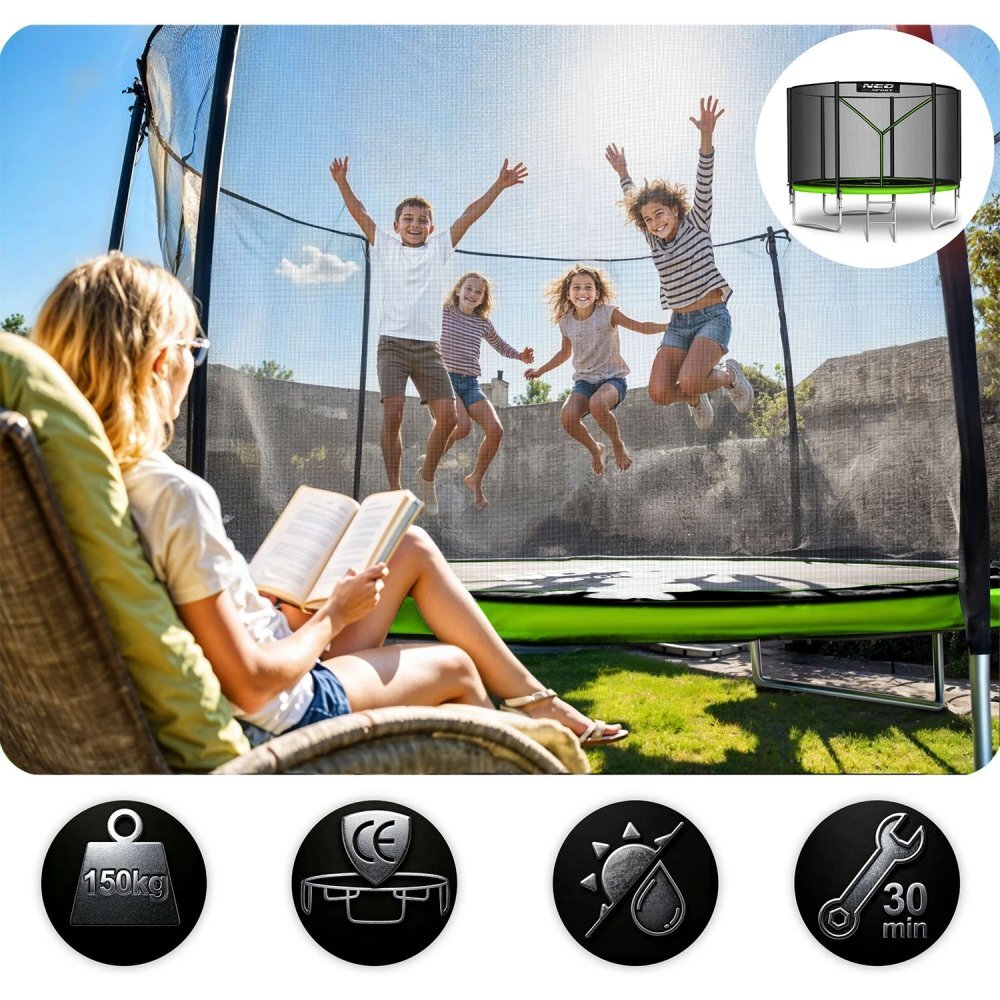Neo Sport Trambulina de gradina pentru copii Verde 183cm 6FT cu Scara metalicaPlasa de protectie exterioaraStalpi metalici cu protectie din burete Intrare cu fermoar si catarama Covoras impermeabil flexibil