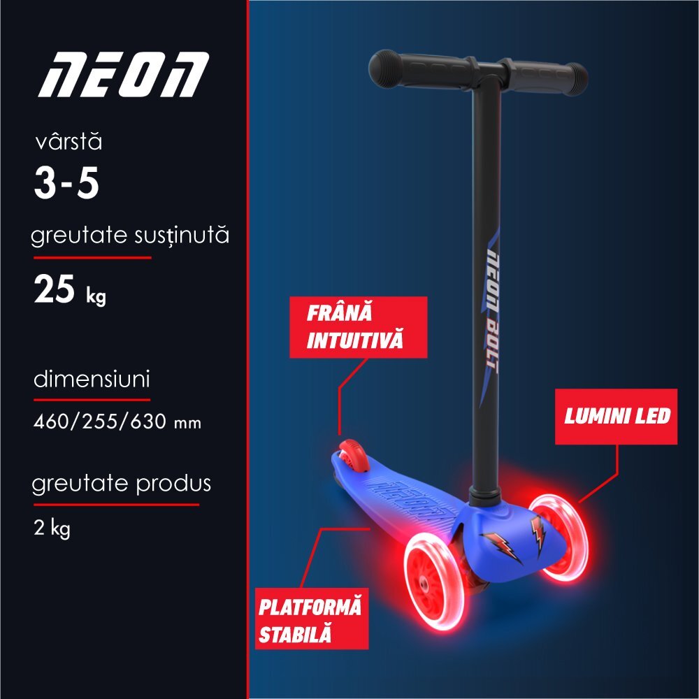 Neon Trotineta cu 3 roti Bolt blue roti Led greutate admisa 25 kg