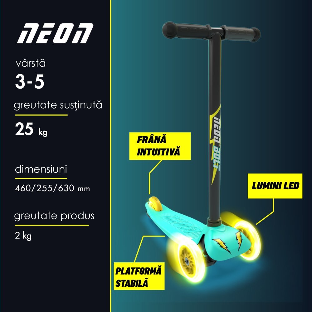 Neon Trotineta cu 3 roti Bolt green roti Led greutate admisa 25 kg
