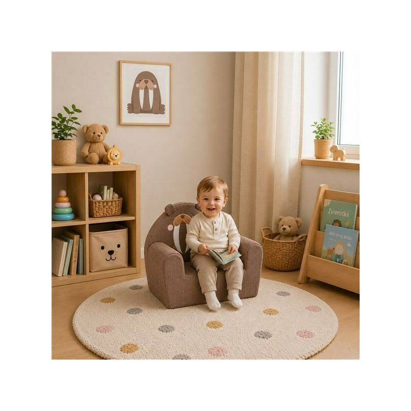 New Baby Fotoliu din burete pentru copii Morsa tesatura de catifea reiata cu husa detasabila materiale certificate Oeko Tex Standard 100