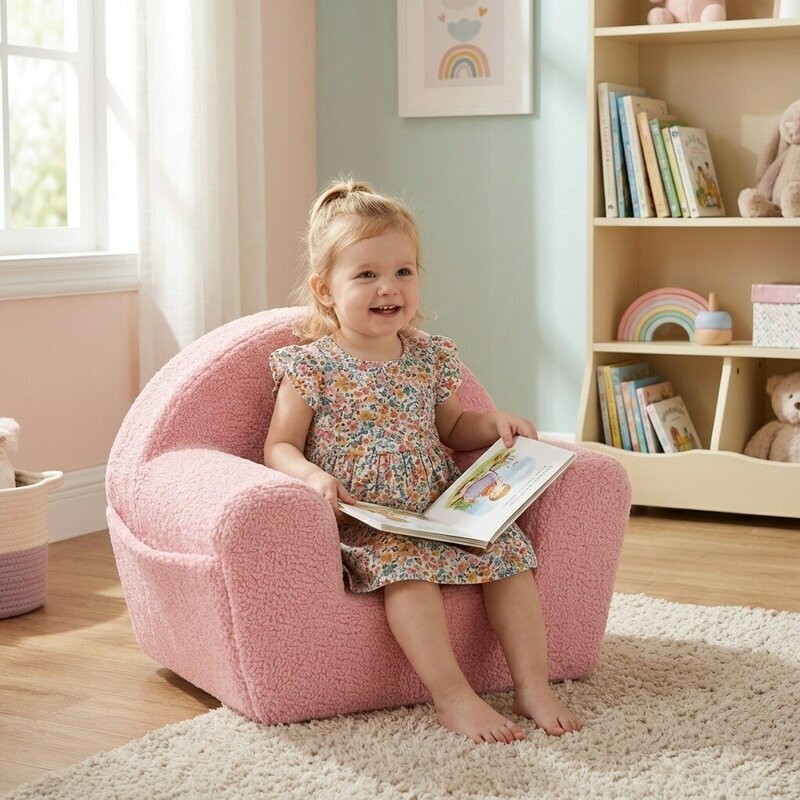 New Baby Fotoliu din burete pentru copii Teddy Pink cu buzunar lateral husa detasabila din materiale certificate Oeko Tex Standard 100