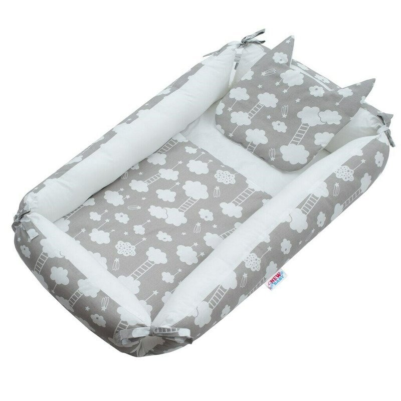 New Baby Set 3 piese baby nest cu paturica si pernuta cu urechi Cloud grey