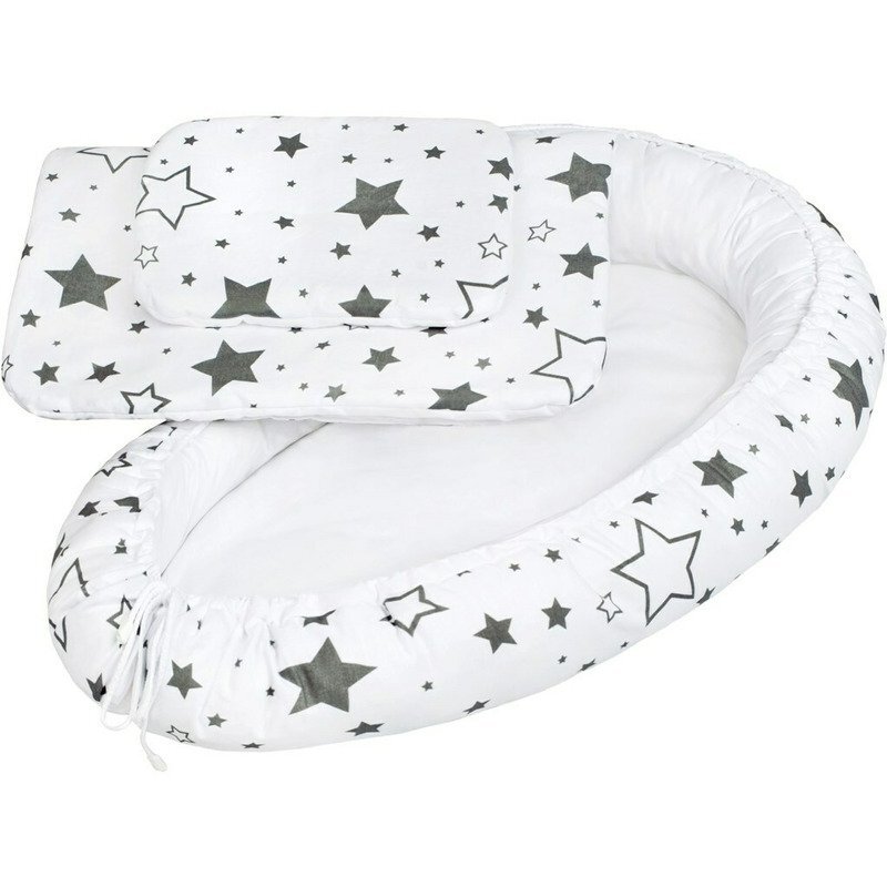 New Baby Set 3 piese Baby Nest cu paturica si pernuta Grey stars