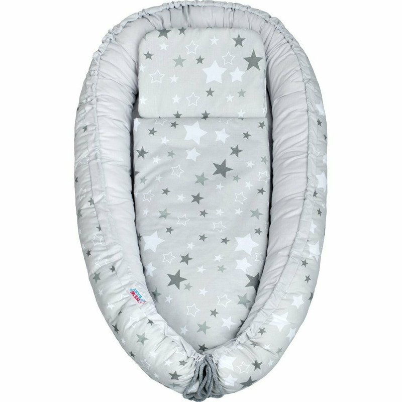 New Baby Set 3 piese Baby Nest cu paturica si pernuta WhiteGrey stars