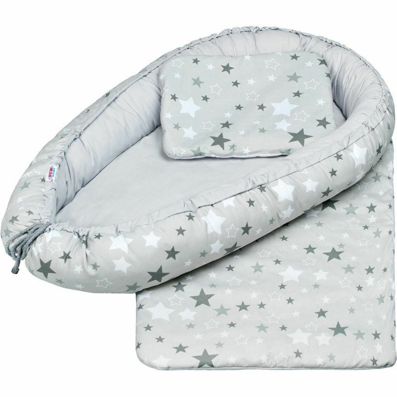 New Baby Set 3 piese Baby Nest cu paturica si pernuta WhiteGrey stars