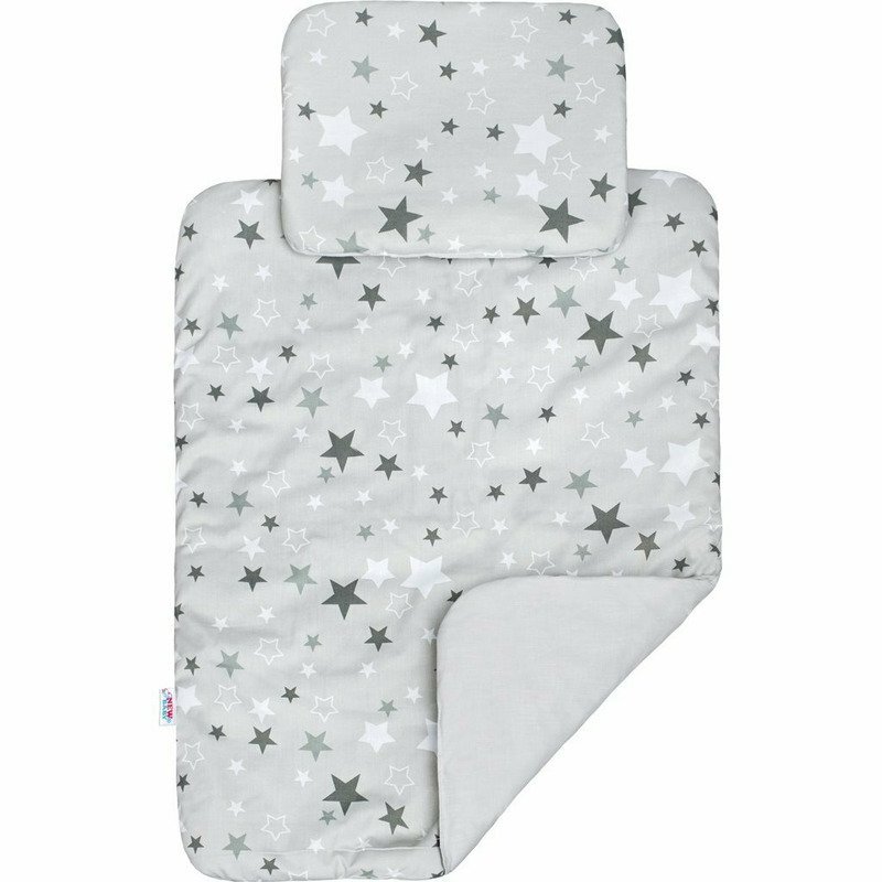 New Baby Set 3 piese Baby Nest cu paturica si pernuta WhiteGrey stars