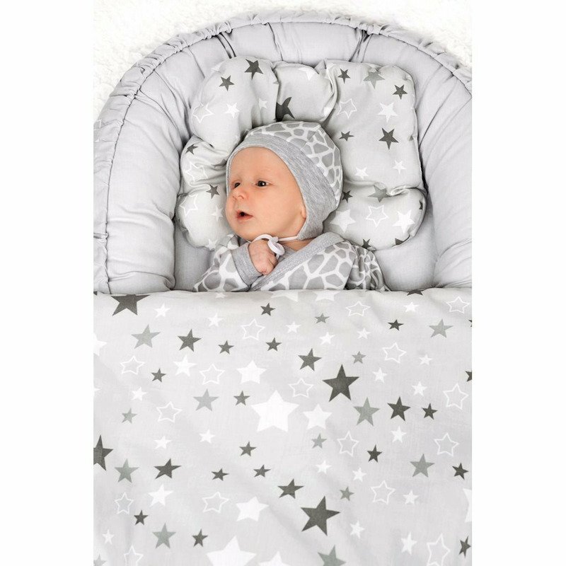 New Baby Set 3 piese Baby Nest cu paturica si pernuta WhiteGrey stars
